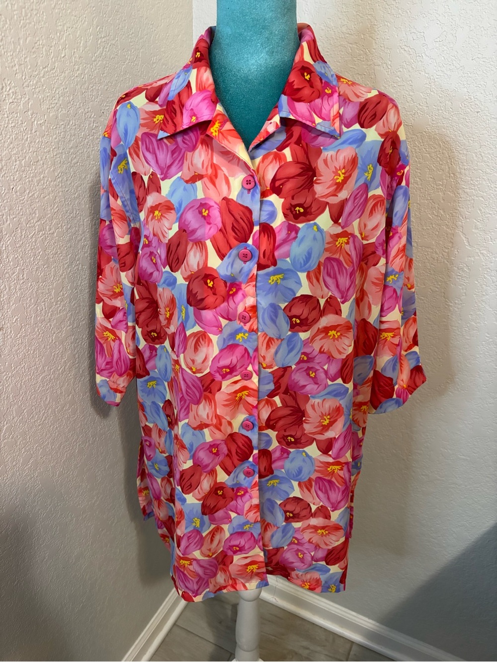 BECHAMEL Vintage Floral Blouse Large Pink Blue Watercolor Cottagecore Boho Top